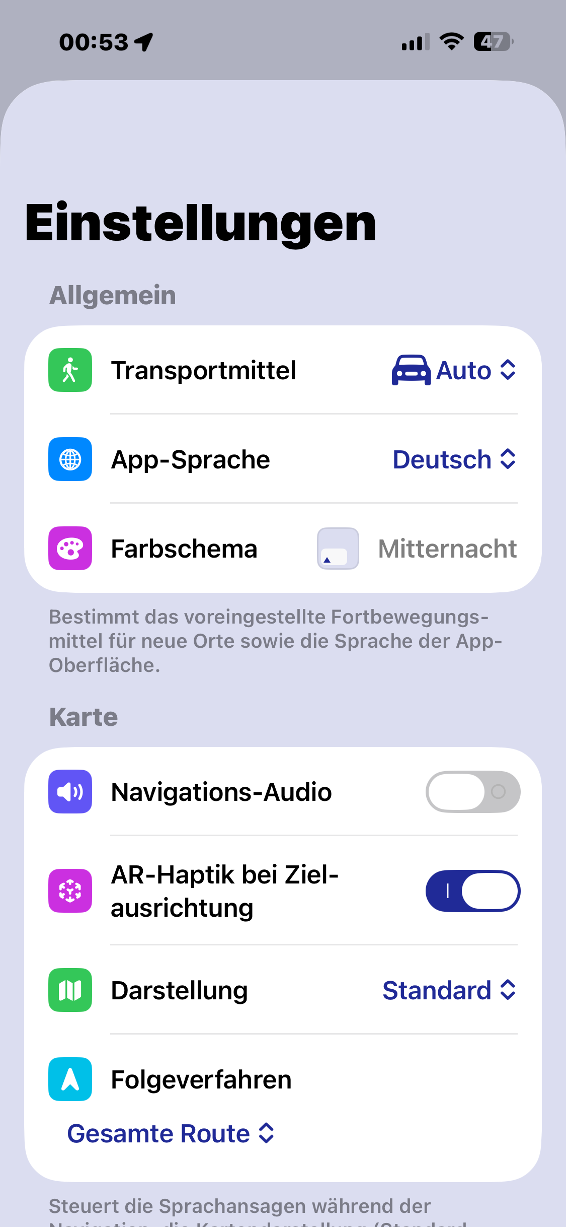 Einstellungen in Navigate Back