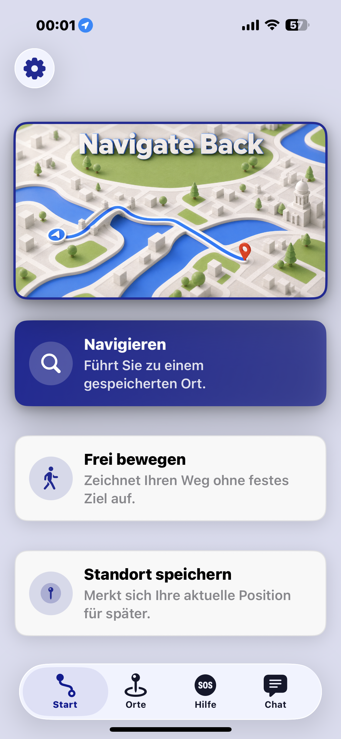 Startbildschirm von Navigate Back