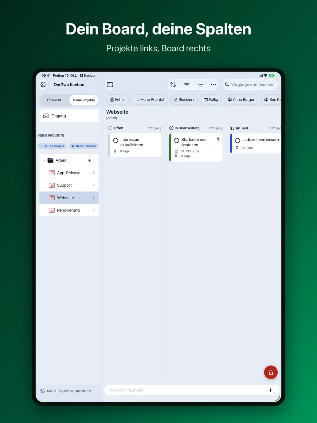 OneTwo Kanban auf dem iPad, Bild 1 von 10: Dein Board, deine Spalten