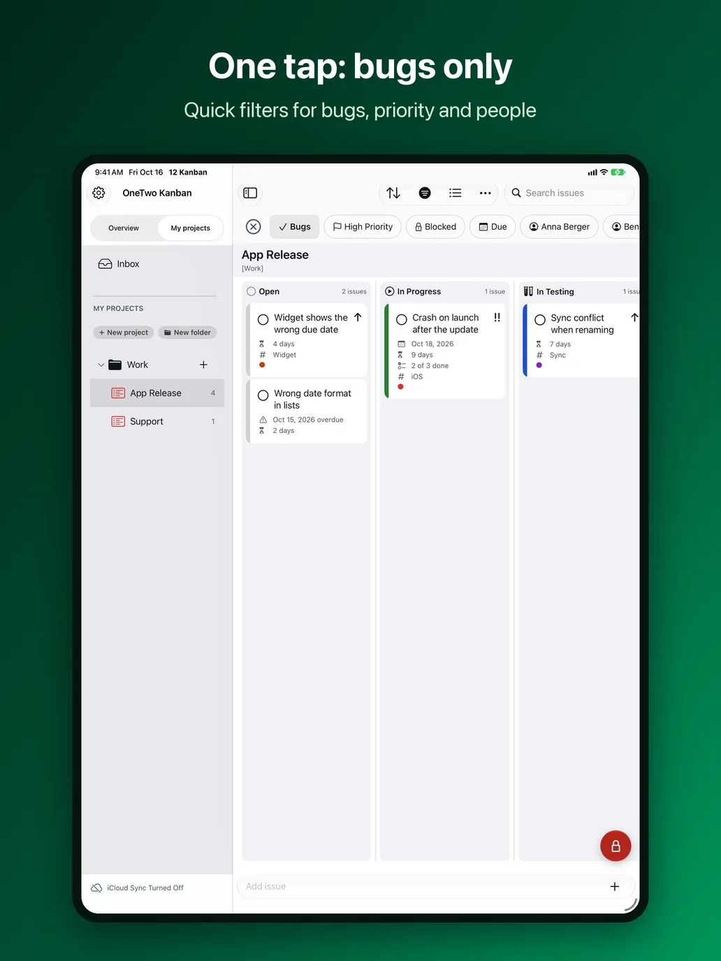OneTwo Kanban on the iPad, Image 3 of 10: One tap: bugs only