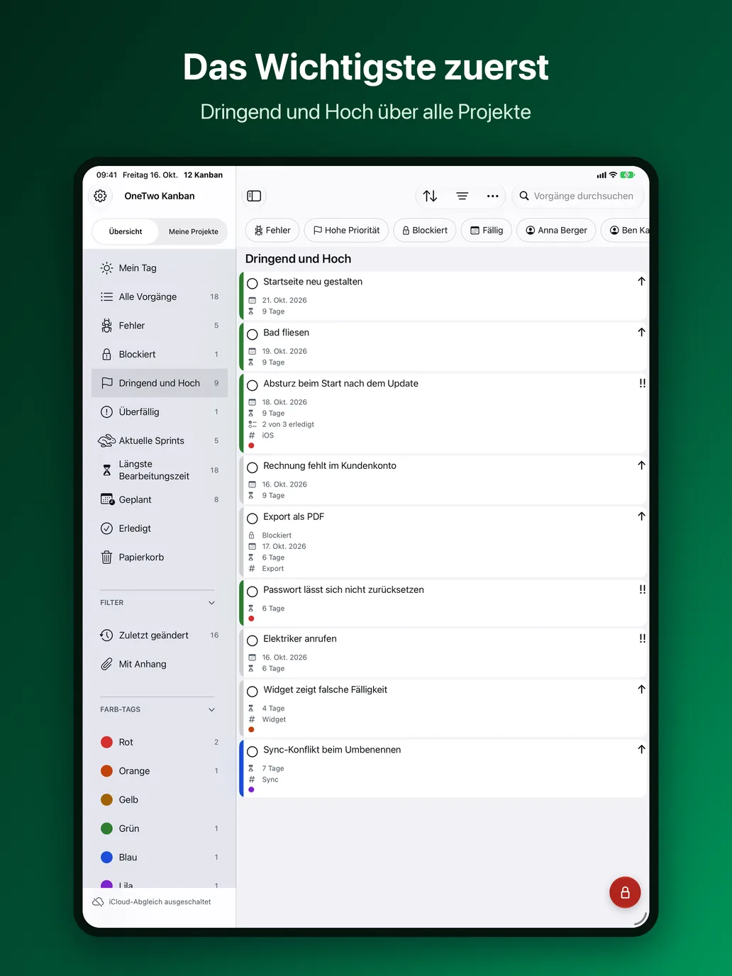 OneTwo Kanban auf dem iPad, Bild 4 von 10: Das Wichtigste zuerst