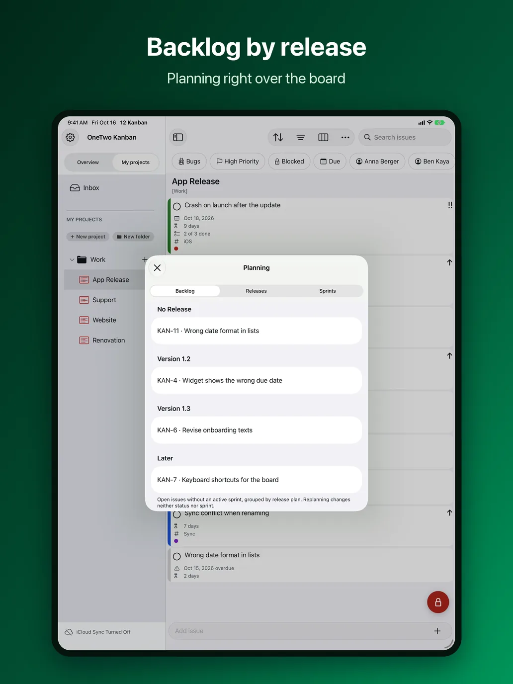OneTwo Kanban on the iPad, Image 5 of 10: Backlog by release