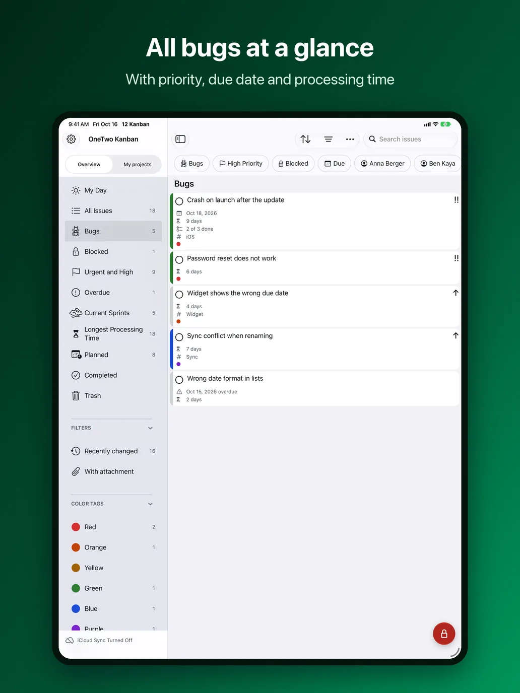 OneTwo Kanban on the iPad, Image 6 of 10: All bugs at a glance