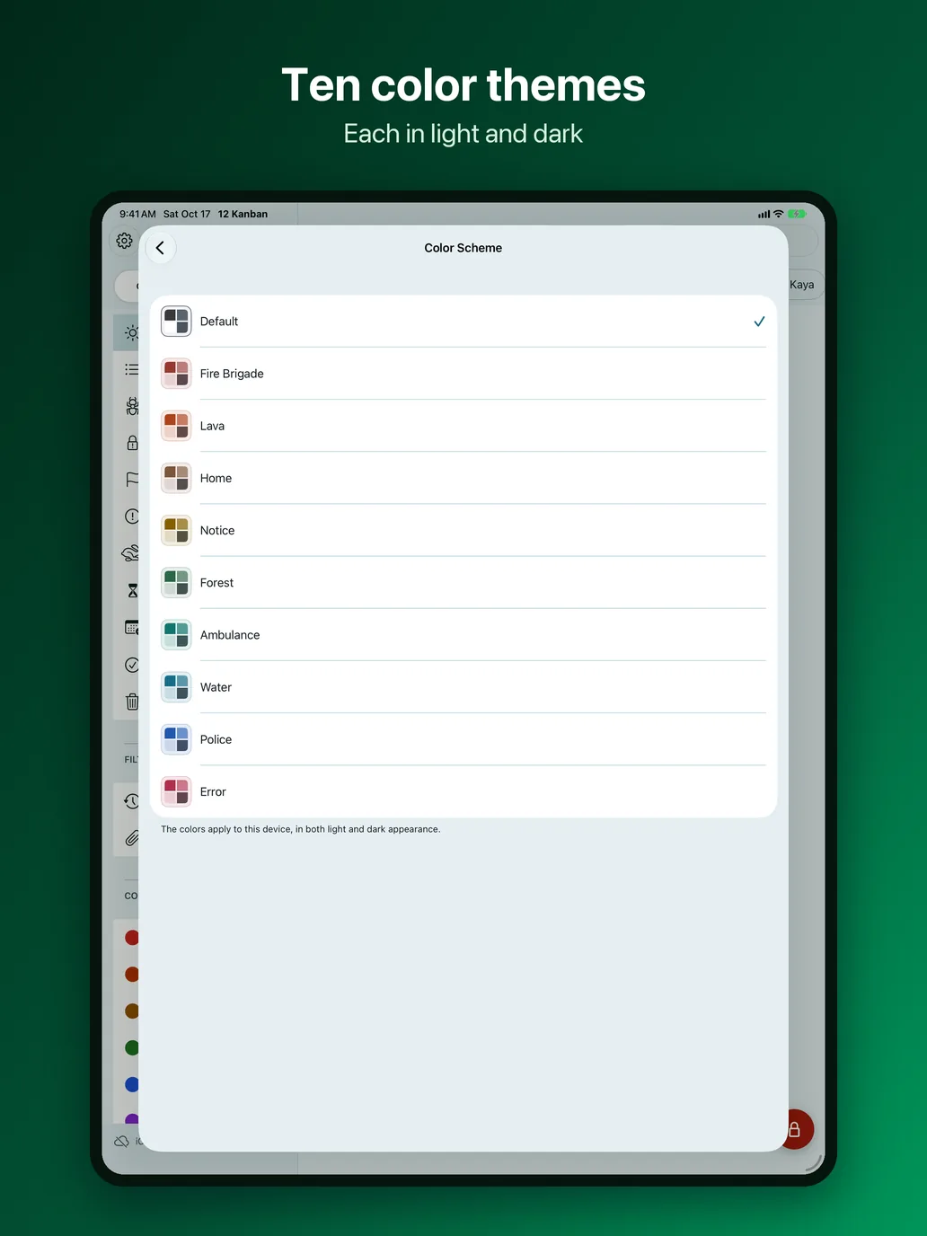 OneTwo Kanban on the iPad, Image 9 of 10: Ten color themes