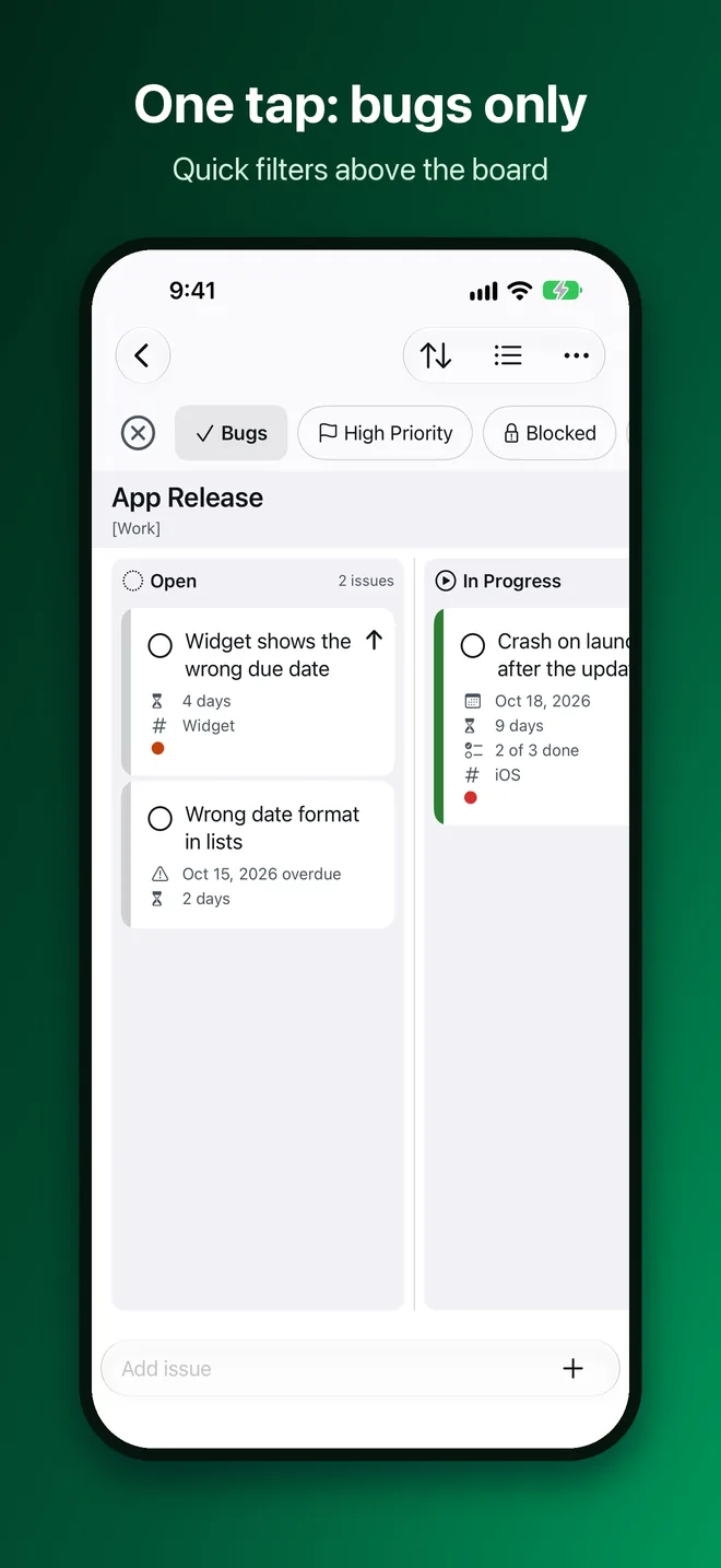OneTwo Kanban on the iPhone, Image 3 of 10: One tap: bugs only