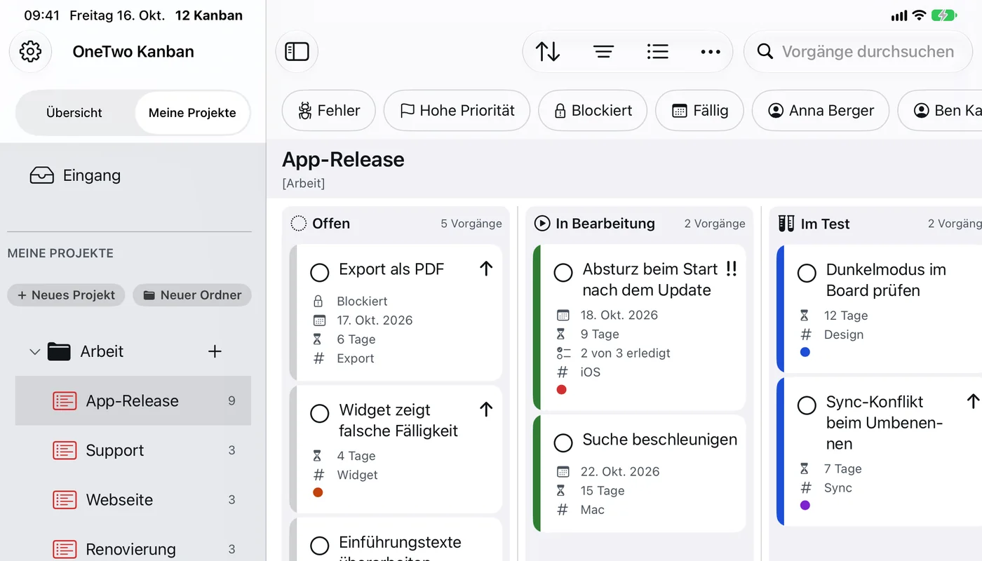 OneTwo Kanban auf dem iPad: Seitenleiste mit Projekten, Schnellfilter und Board mit vier Spalten