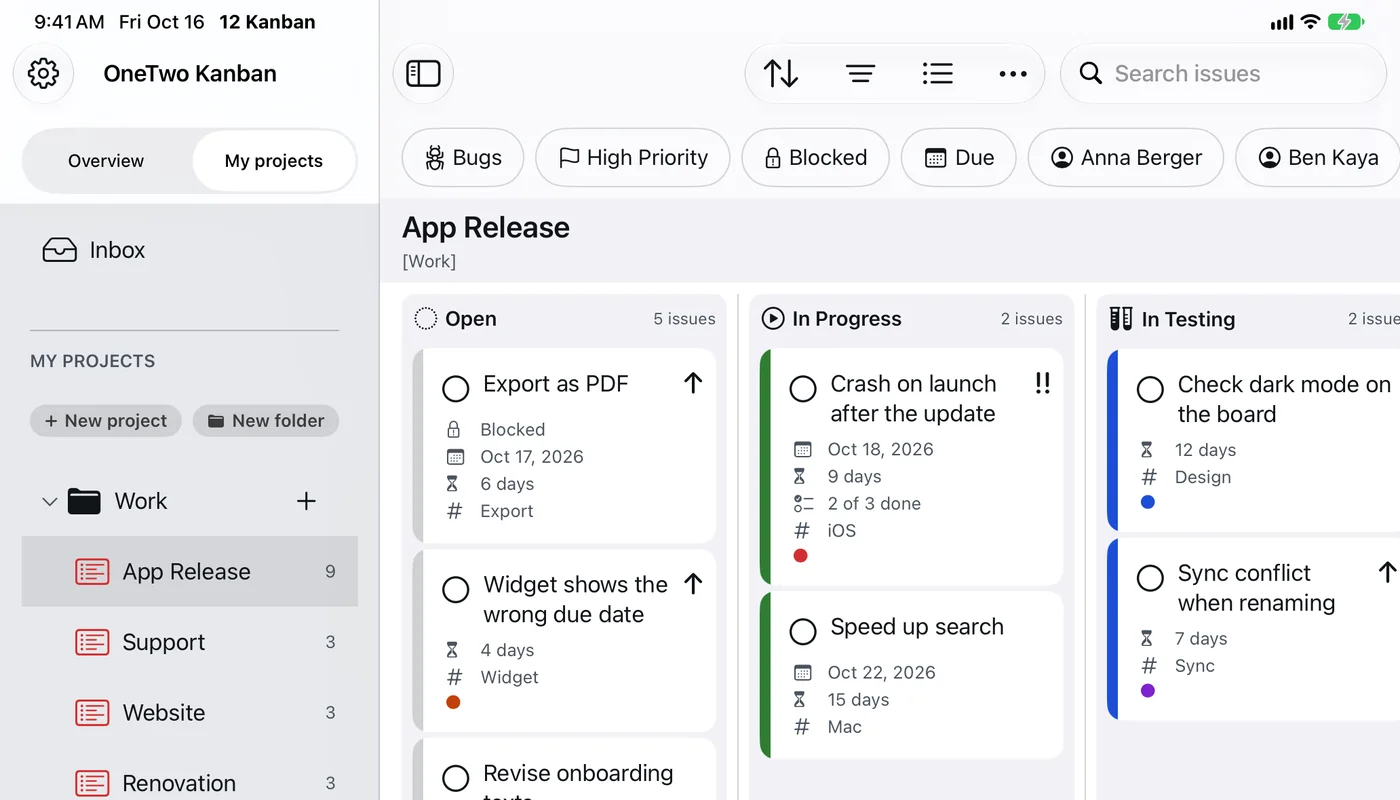 OneTwo Kanban on the iPad: sidebar with projects, quick filters and a board with four columns