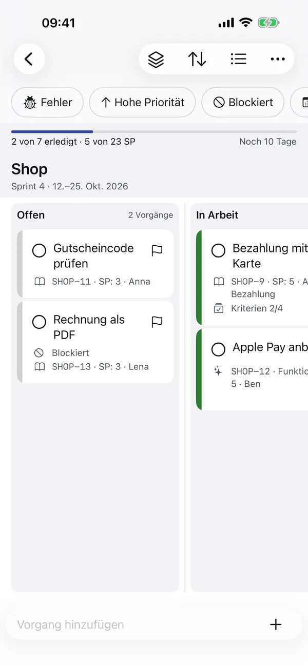 OneTwo Scrum auf dem iPhone: Board des laufenden Sprints