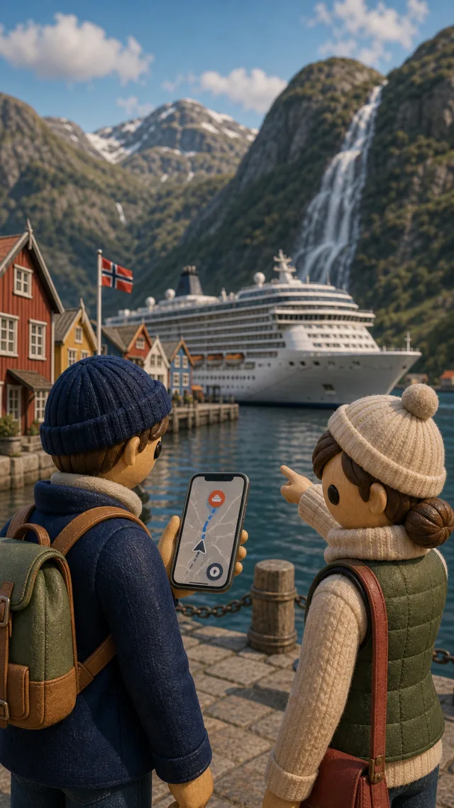 Kreuzfahrtpaar am Kai eines norwegischen Fjordhafens, auf dem Smartphone die Route zurück zum Schiff