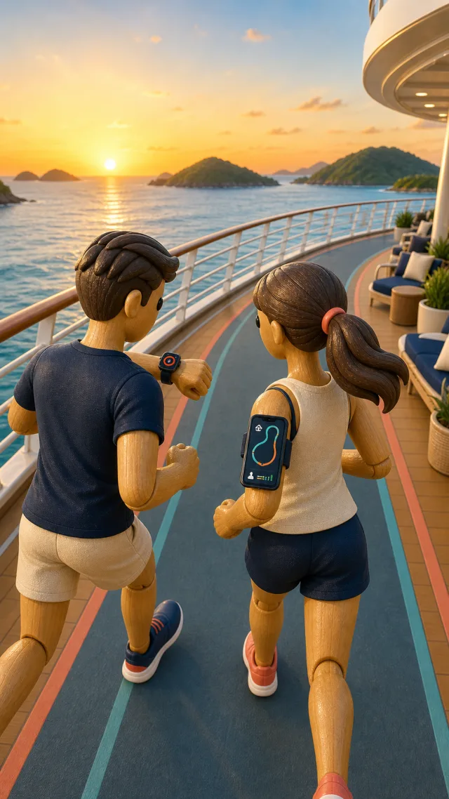 Joggendes Paar auf dem Laufdeck eines Kreuzfahrtschiffs bei Sonnenuntergang, die Runden werden mitgezählt