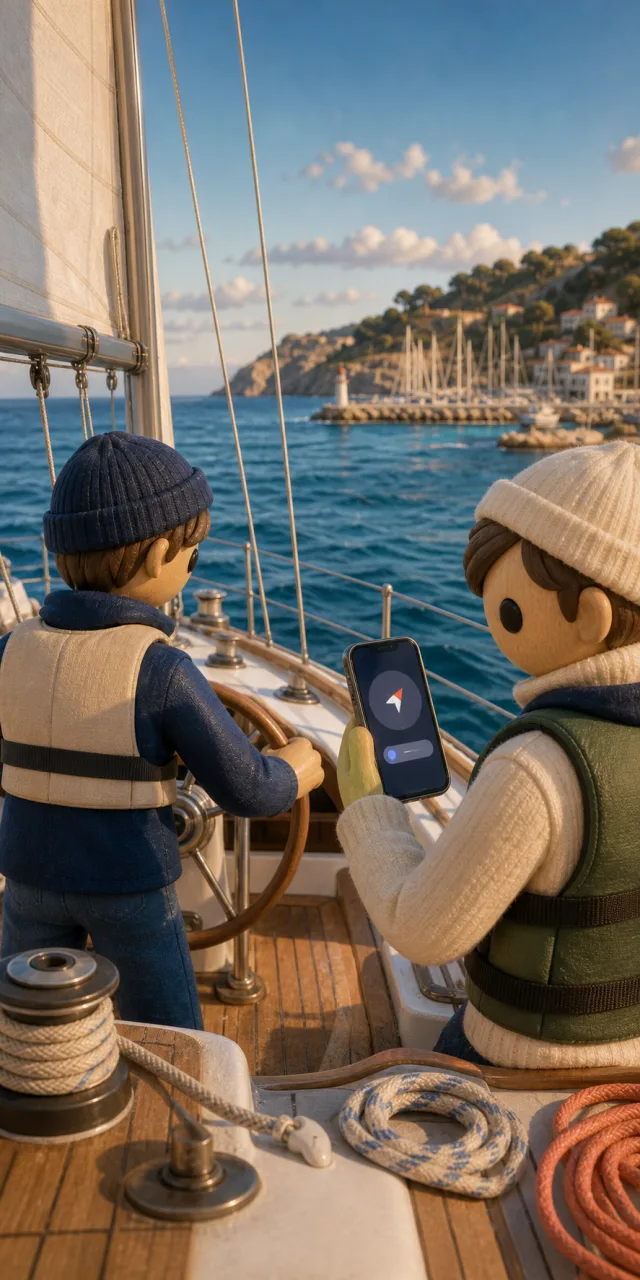 Zwei Segler am Steuerrad vor einem Hafen, auf dem Smartphone die Kompassnavigation