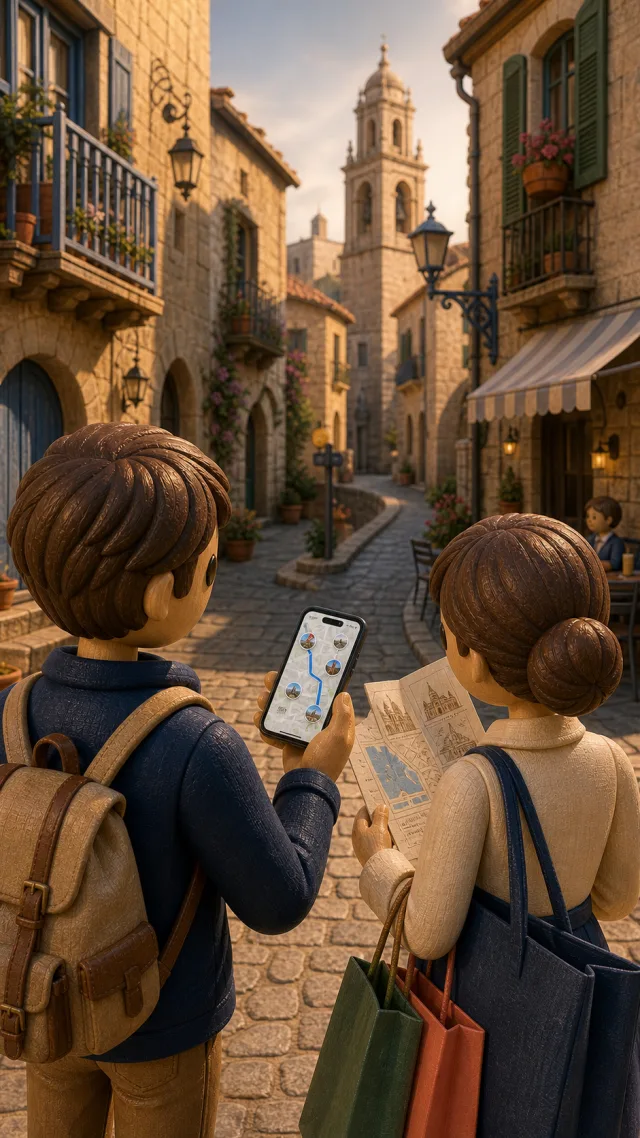 Städtereisende in einer Altstadt navigieren mit dem Smartphone zu einer Sehenswürdigkeit