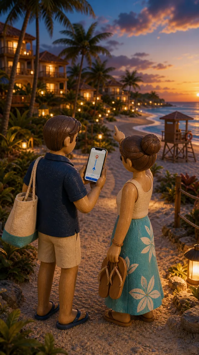 Urlaubsreise mit Gepäck, Hotel und Ausflugsziele sind als Orte gespeichert